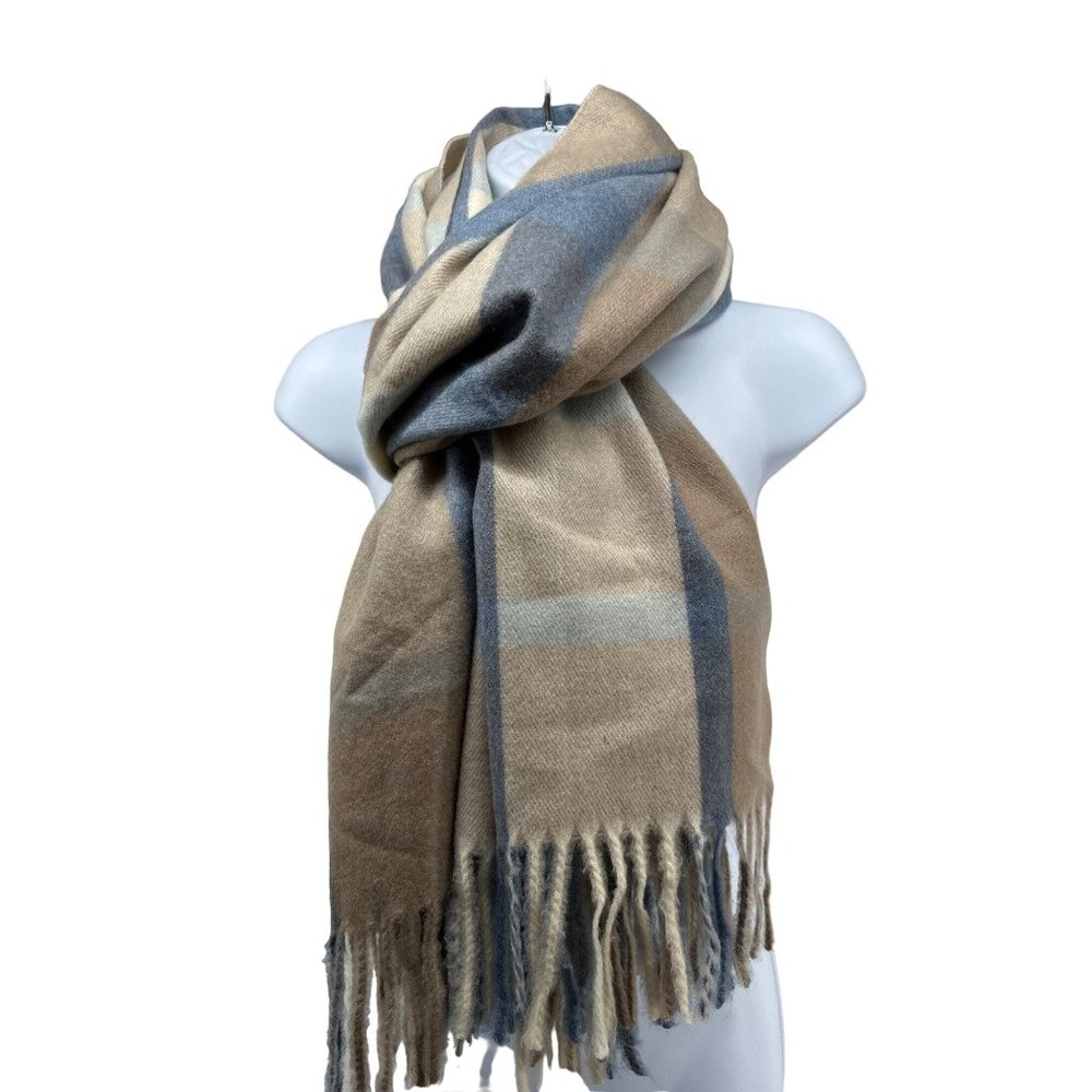 Pretty Persuasions Women's Scarf Winter Fringe Blue Beige Plaid Wide Large Soft